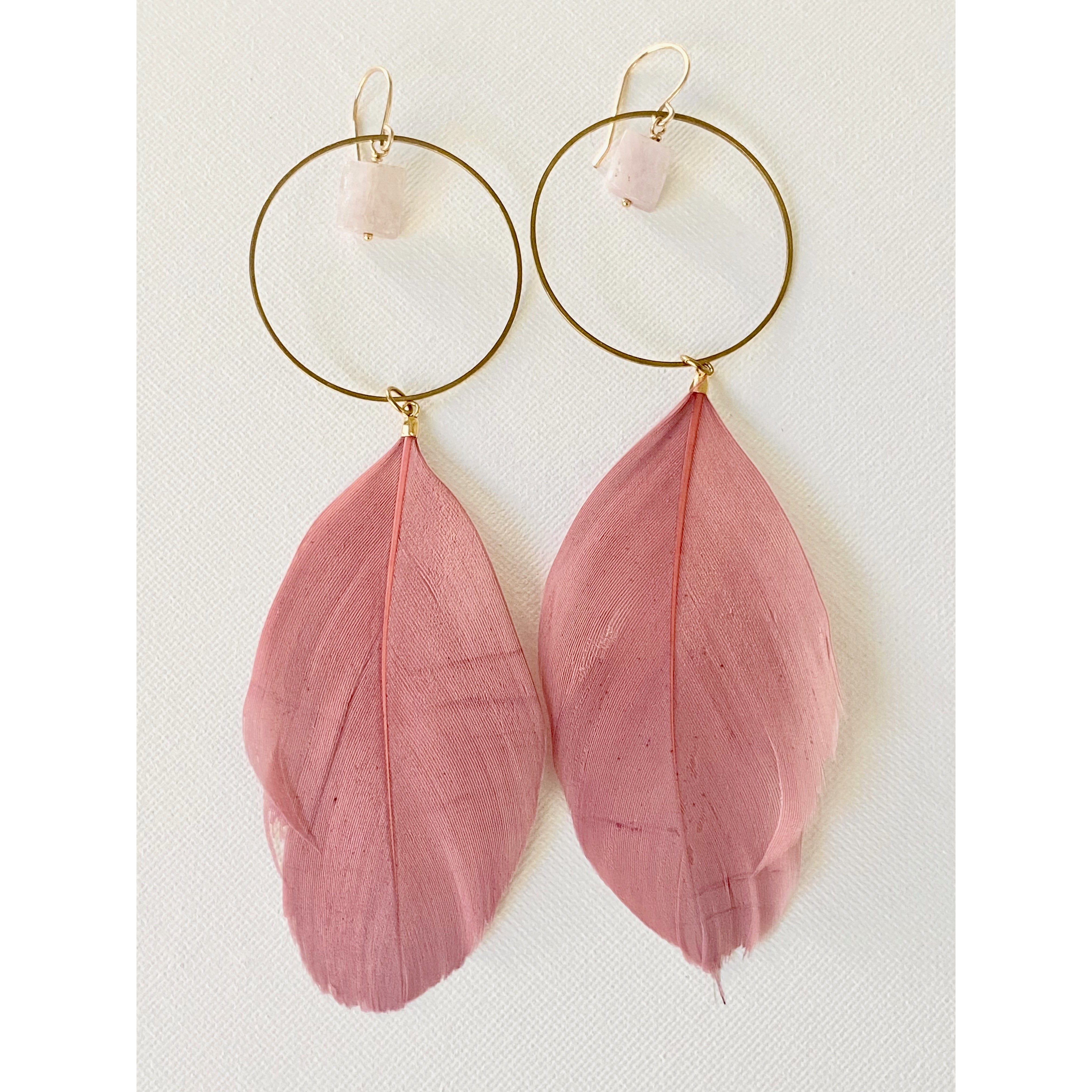 Hoop and Stone Pink Feather Earrings