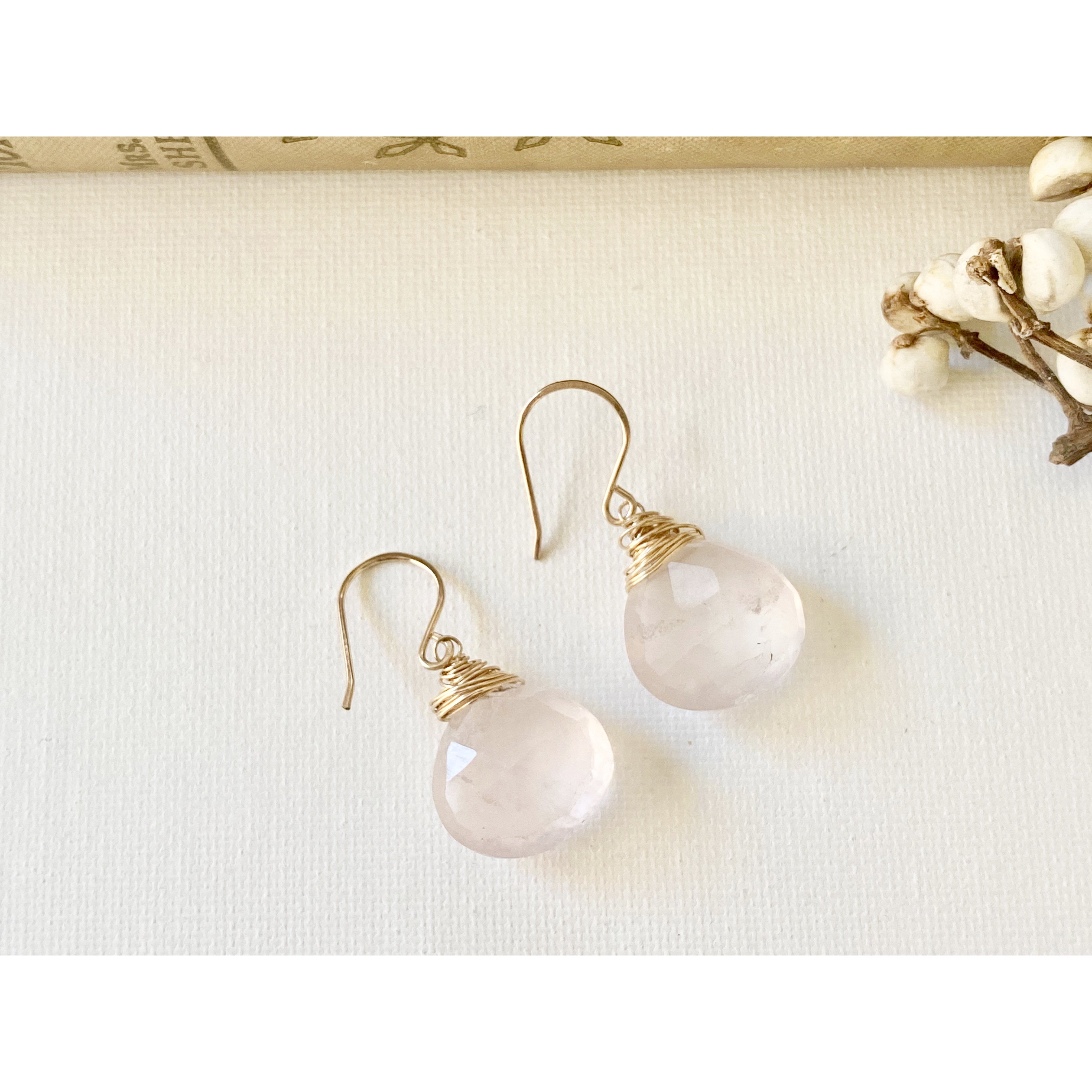 Rose Quartz Teardrop Gemstone Dangle Earrings Gold