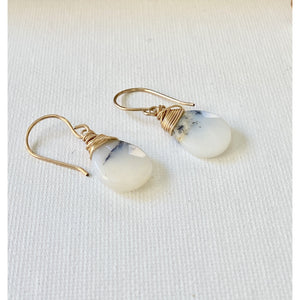 White Opal Teardrop Gemstone Dangle Earrings Gold